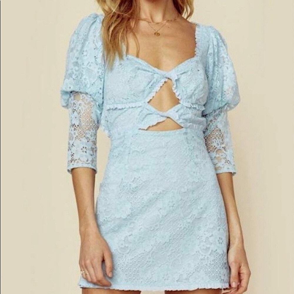 For Love & Lemons Blue Lace Puff Sleeve Mini Dress | Size S | NWT
